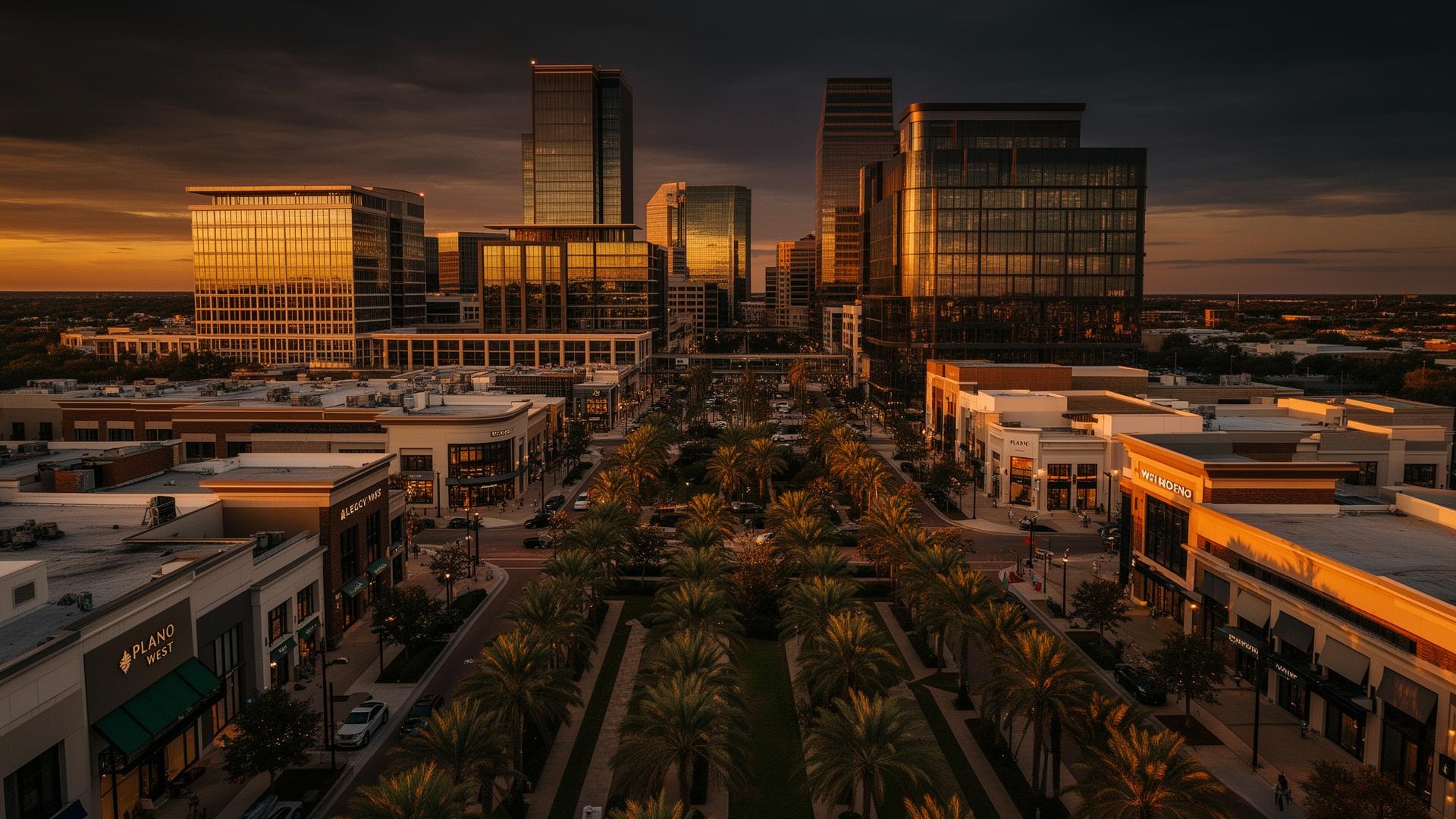 Plano, Texas Legacy West skyline at golden hour